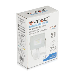 VT-10-S-W BIAŁY OPRAWA NAŚWIETLACZ LED 10W NW 4000K 800LM IP65 100ST + CZUJNIK RUCHU AL