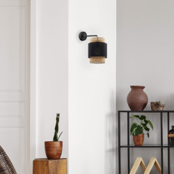 BOHO BLACK CZARNY/ SŁOMKOWY OPRAWA ŚCIENNA KINKIET NT 1X E27/ 15W METAL/ TKANINA / RATAN NATURALNY