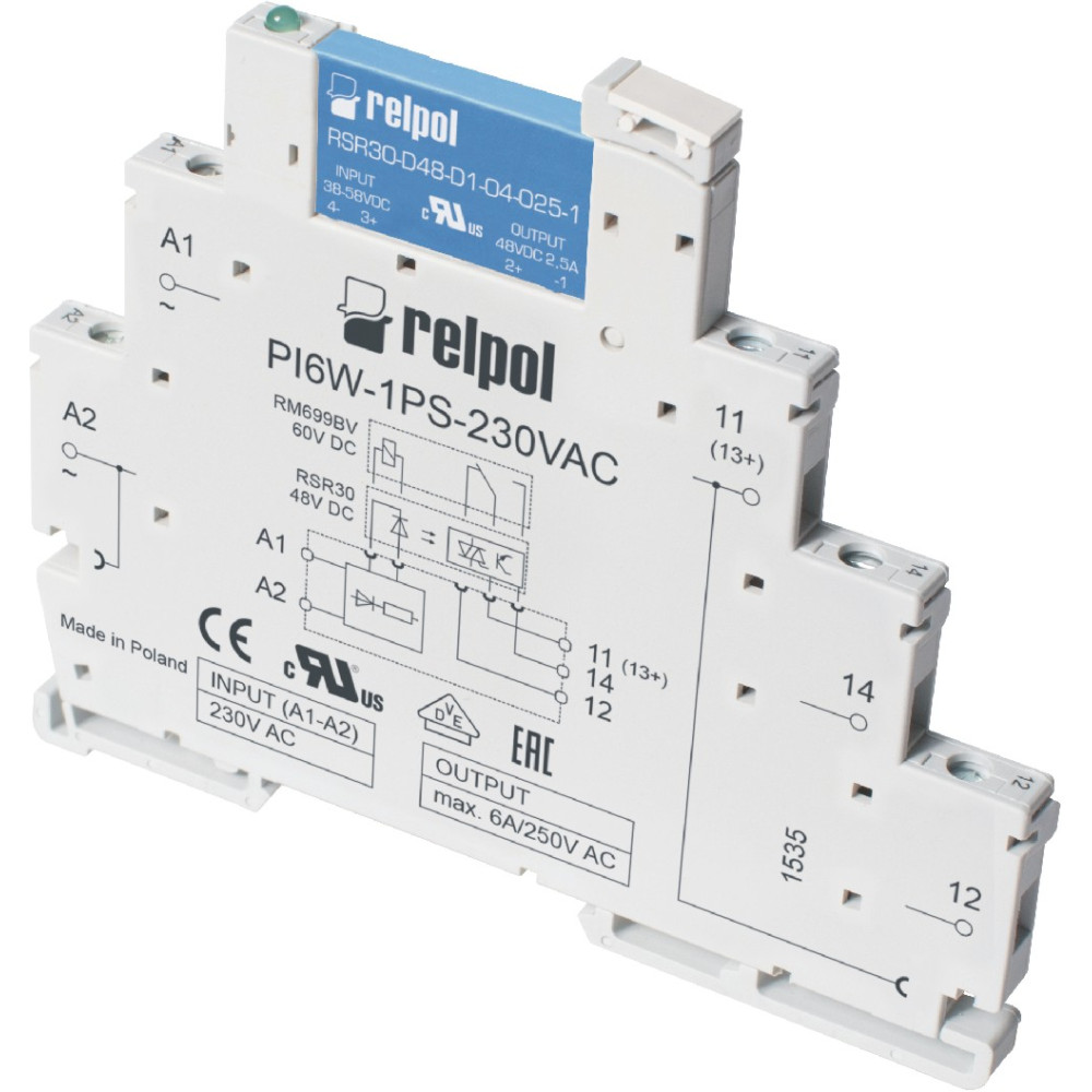 PIR6W-1PS-230VAC/DC-O PRZEKAŹNIK INTERFEJSOWY WĄSKOPROFILOWY: 1Z - JEDNO WYJŚCIE TRANZYSTOROWE 2 A.