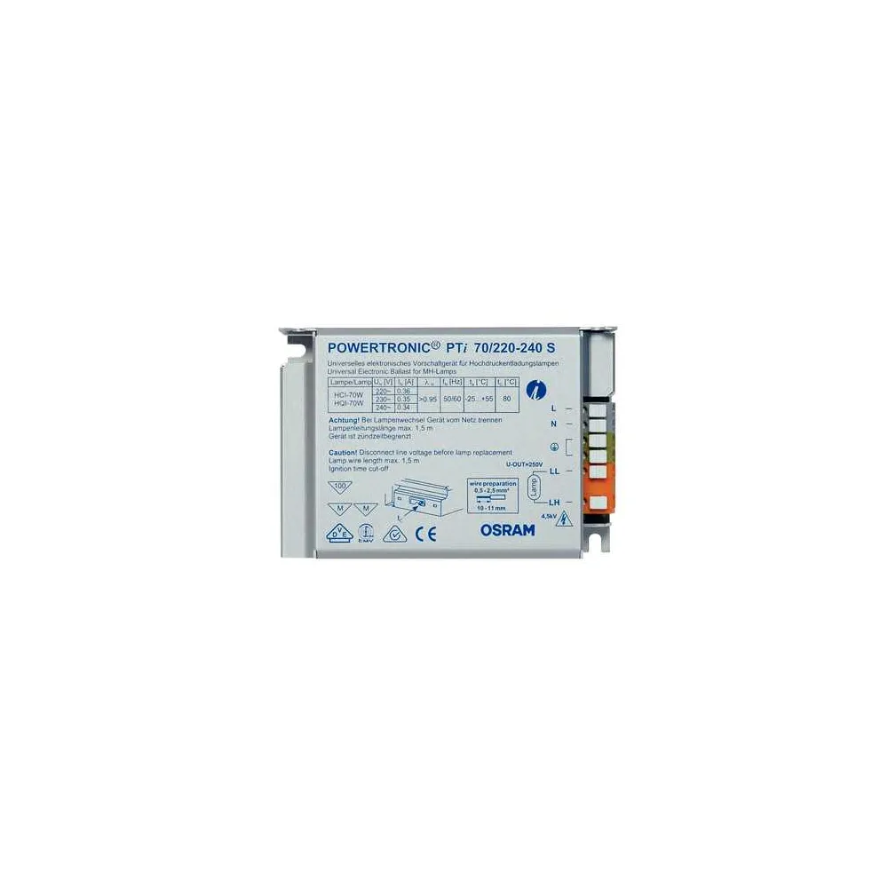 PTI STATECZNIK ELEKTRONICZNY  70W IP20 220-240V AC S METAL DO LAMP METALOHALOGENOWYCH HCI/HQI