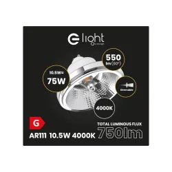 ŻARÓWKA AR111 - 10,5W GU10 4000K/ BIAŁY Z ODBŁYŚNIKIEM ŚCIEMNIALNA BIAŁY 10.5W 4000K 550LM (90°) IP