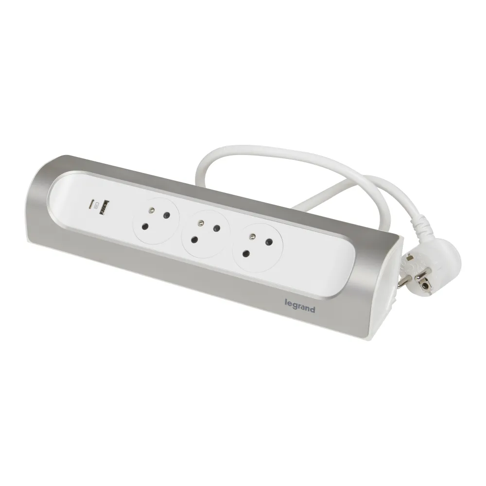 PRZEDŁUŻACZ NAROŻNY 3X2P+Z, USB A+C, Z PRZEWODEM 1.0 METRA 3X1.5 MM2 - BIAŁY/ALUMINIUM