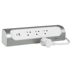 PRZEDŁUŻACZ NAROŻNY 3X2P+Z, USB A+C, Z PRZEWODEM 1.0 METRA 3X1.5 MM2 - BIAŁY/ALUMINIUM