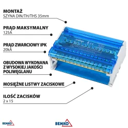 BLOK ROZDZIELCZY 60 ZACISKÓW 4x15 (11x5,3mm + 2x7,5mm + 2x9,1mm)