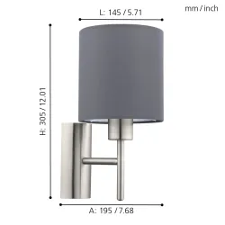 PASTERI NIKIEL SATYNOWY/ SZARY OPRAWA ŚCIENNA KINKIET NT 1X E27/ 60W IP20 STAL/ TKANINA