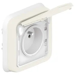 PLEXO55 BIAŁY/ECRU GNIAZDO PT 1X Z/U Z KLAPKĄ IP55 IK07 Z PRZESŁONAMI ZACISKI SPRĘŻYNOWE 16A 250V