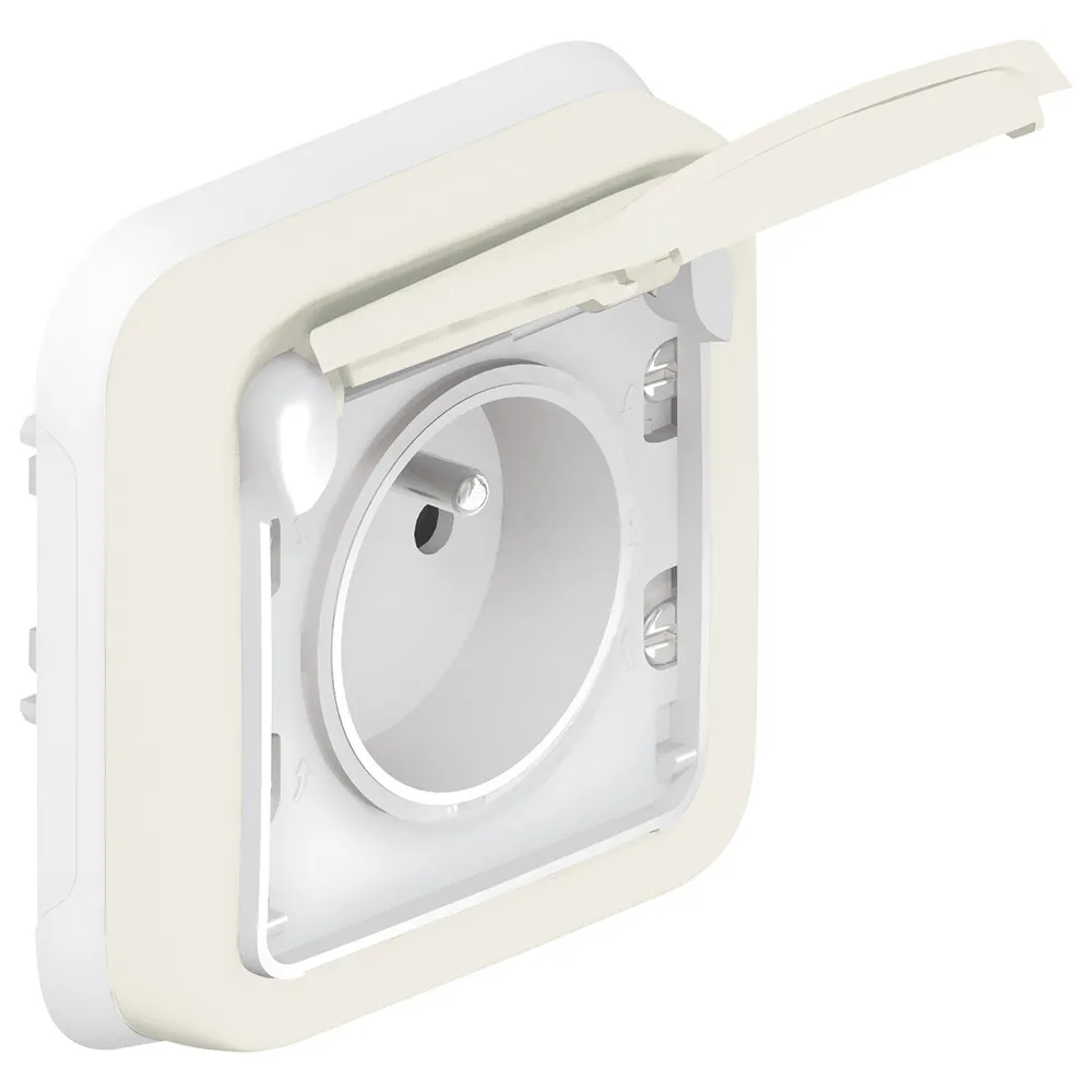 PLEXO55 BIAŁY/ECRU GNIAZDO PT 1X Z/U Z KLAPKĄ IP55 IK07 Z PRZESŁONAMI ZACISKI SPRĘŻYNOWE 16A 250V
