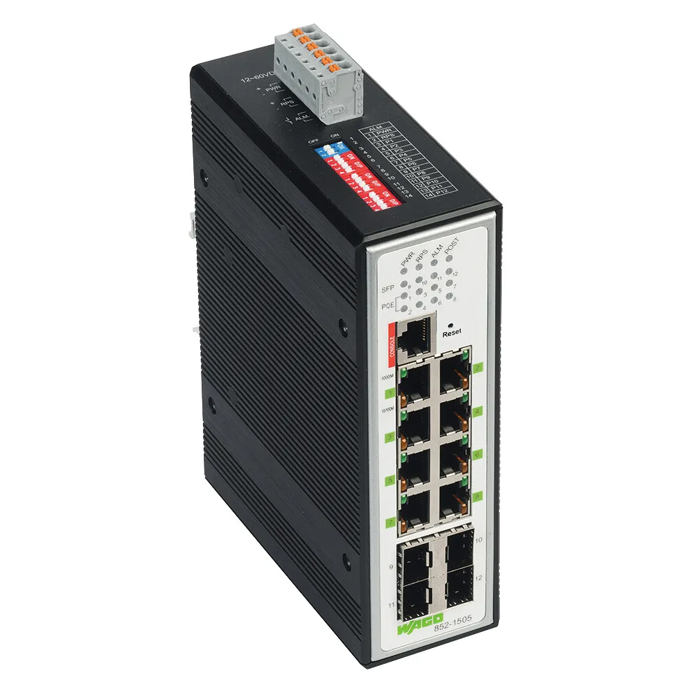 SWITCH PRZEMYSŁOWY ZARZĄDZALNY 8-PORTOWY 1000BASE-T 1000BASE-SX/LX 4 GNIAZDA, CZARNY METALICZNY