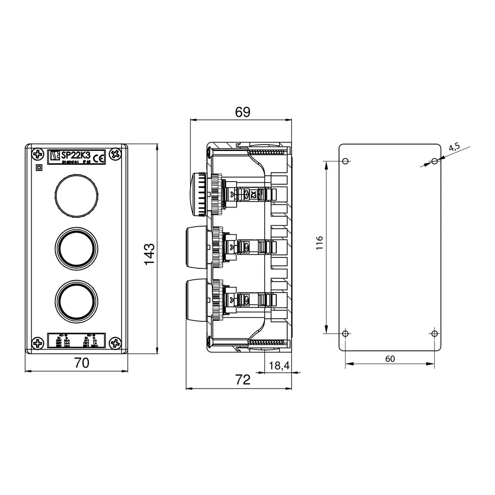 SP22K3\07-1 KASETA STEROWNICZA KOMPLETNA 3X Z NAPĘDEM LB KC KZ 1X PRZEPUST M20 230V