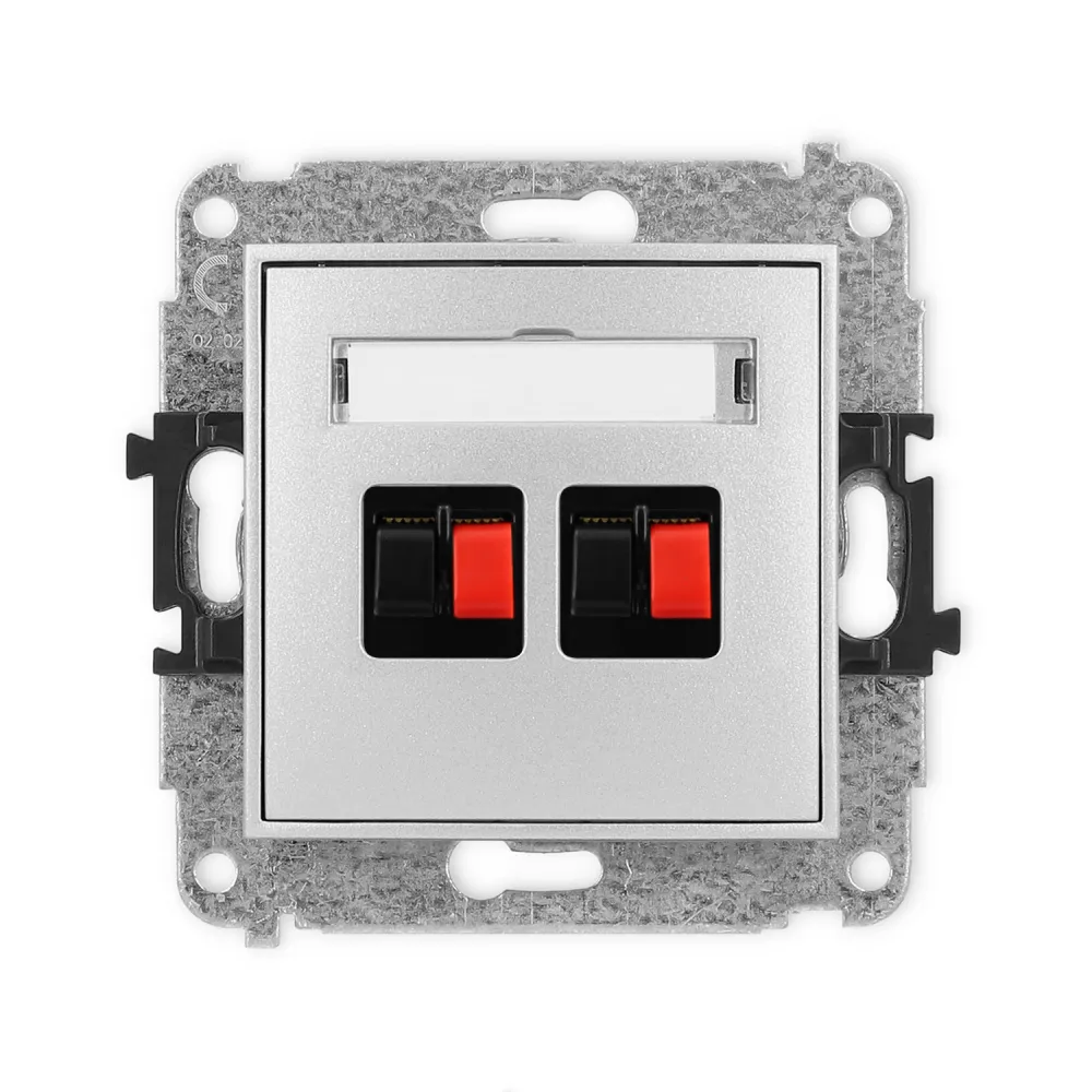 MINI MODUŁ SREBRNY METALIK GNIAZDO GŁOŚNIKOWE HI-FI 2X ZACISKI ŚRUBOWE 2.5MM2 Z POLEM OPISOWYM